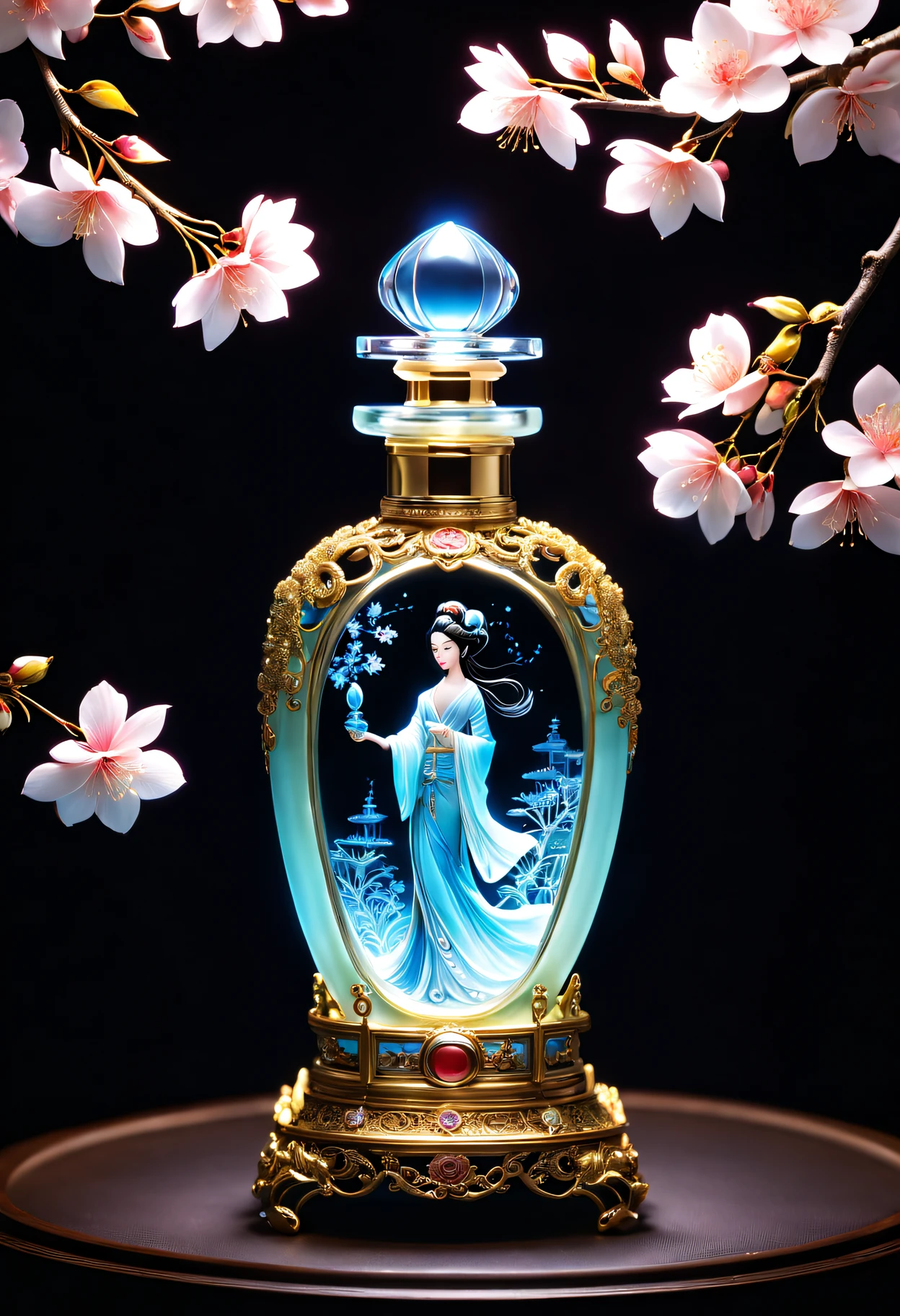 (An exquisite perfume bottle:1.5)，Sakura style, Extremely detailed art, Bio-luminescence, traditional vietnamese, 32k ULTRAHD, Jewelry for painters and sculptors, Fine lines, Geisha portrait style, 32k ULTRAHD, Beth Hamidi, glyptic, Clever use of light and shadow, chinapunk, Exquisite, Spooky figure, Authentic details, Glass as a material, Meticulous carving, Miniature lighting,Ethereal,, made of crystals, Glowing light and shadow, Elegant characters, 32k ULTRAHD, Carved, Intricate and intricate details, 8K分辨率, chinapunk, The art of embroidery, Glow shadows, accurately detailed, In a meticulous realist style, Glow shadows, 32k ULTRAHD, Jewelry for painters and sculptors, Photos taken with Nikon D750, Fine lines, Delicate curves, Subtle chiaroscuro,, in the style of Cyril Rolando, Photos taken with Nikon D750, Glowing portrait, Intricate and intricate details, Sakura NS, Absinthe culture