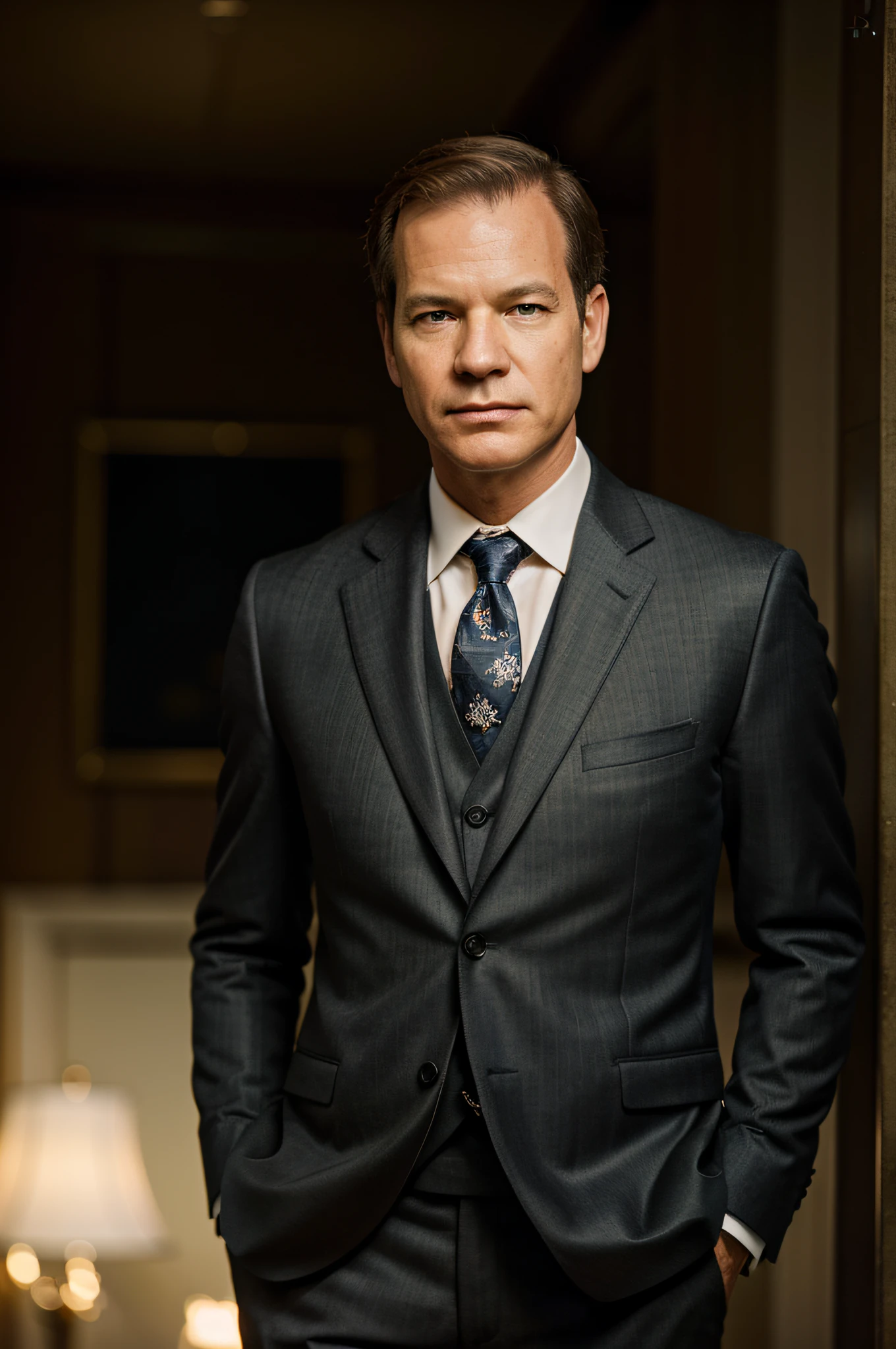 Paul Tudor Jones II, wearing a suit, beautiful lighting, best quality, realistic, full-length portrait, realistic image, intricate details, depth of field. highly detailed