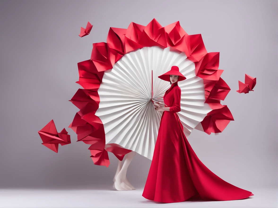 Wearing a red dress、With a hat on、Araf woman wearing big white fan, Surrealist sculptures inspired by Ray Caesar, CG Social Trends, concept-art, Avant-garde fashion model, Asian woman made from origami, red clothes and hat, Red dress and magic witch hat, Rei Kawakubo&#39;s artwork, Thierry Muller, Photography Alexey Gurylev