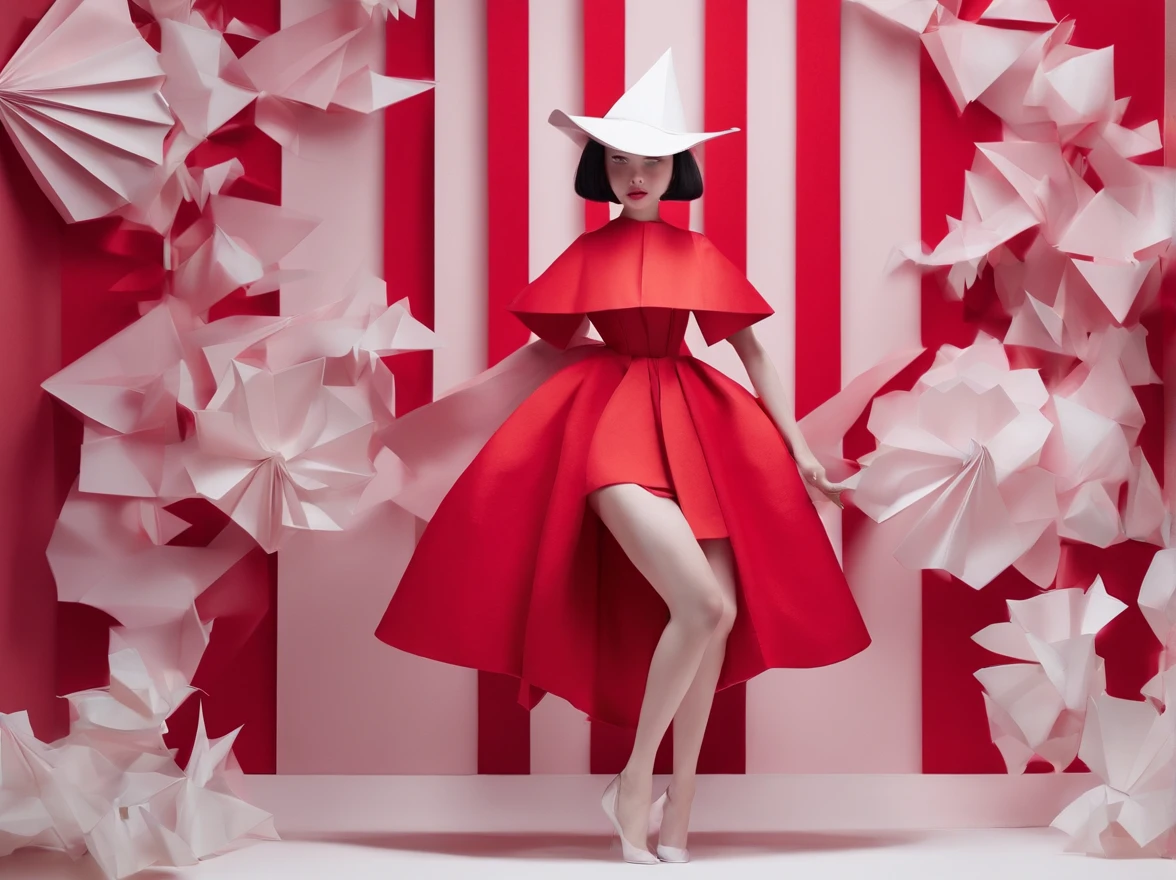 Wearing a red dress、With a hat on、Araf woman wearing big white fan, Surrealist sculptures inspired by Ray Caesar, CG Social Trends, concept-art, Avant-garde fashion model, Asian woman made from origami, red clothes and hat, Red dress and magic witch hat, Rei Kawakubo's artwork, Thierry Muller, Photography Alexey Gurylev