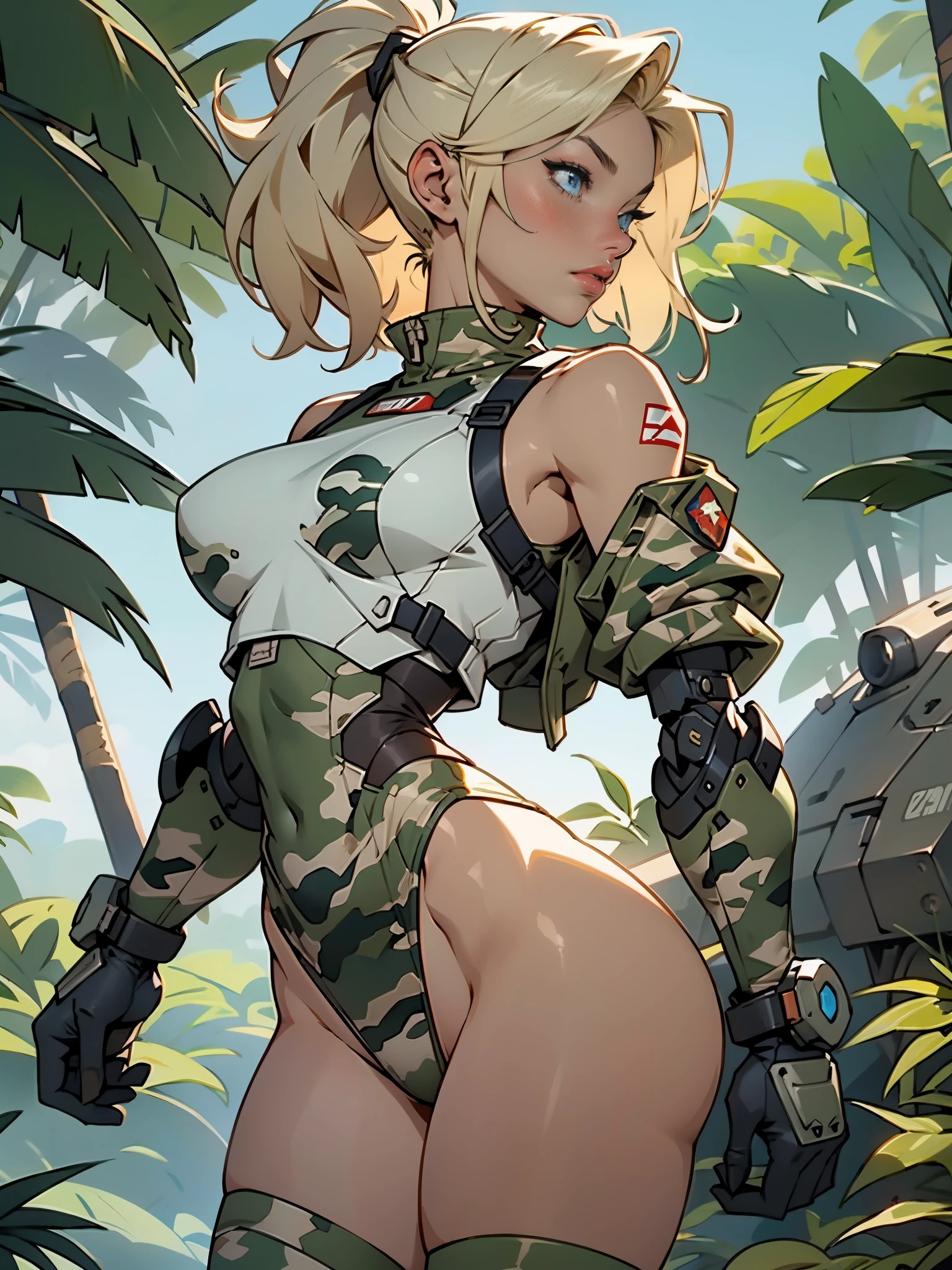 1woman 20 years old, max resolution, sculpted, military, wearing a soldier helmet, beautiful, perfect body, blonde hair, blue eyes, perfect body, thin waist, , large breasts, slim thighs, jungle background, armored vehicle, military robot, camouflaged uniform, tight panties, two-piece, highly detailed, high resolution, perfect hands, rear view, camo, from behind, bare shoulders