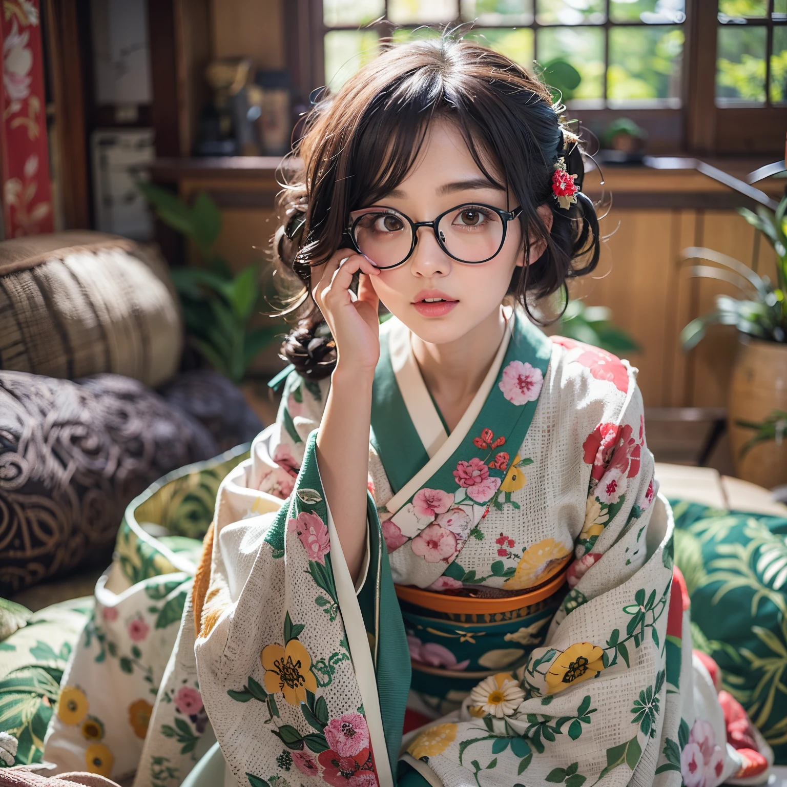 Best-quality, Masterpiece, Ultra-High-Resolution, (Photorealistic:1.4), Raw-Photo, Extremely-Details, Perfect-Anatomy, 1girl, the most popular Japanese model, wearing Japanese KIMONO and glasses with cute design, sitting SEIZA in traditional Japanese,room, leaning forward, extremely beautiful face like a most famous Japanese model, amazingly beautiful big black solid circle eyes, very beautiful realistic skins, very beautiful black-short-cut-haired, very beautiful big breasts, very beautiful cleavage, detailed Japanese KIMONO, detailed glasses with cute design, detailed beautiful face, detailed eyes, detailed realistic skins, detailed black-short-cut-haired, detailed big breasts, detailed cleavage, detailed traditional Japanese room