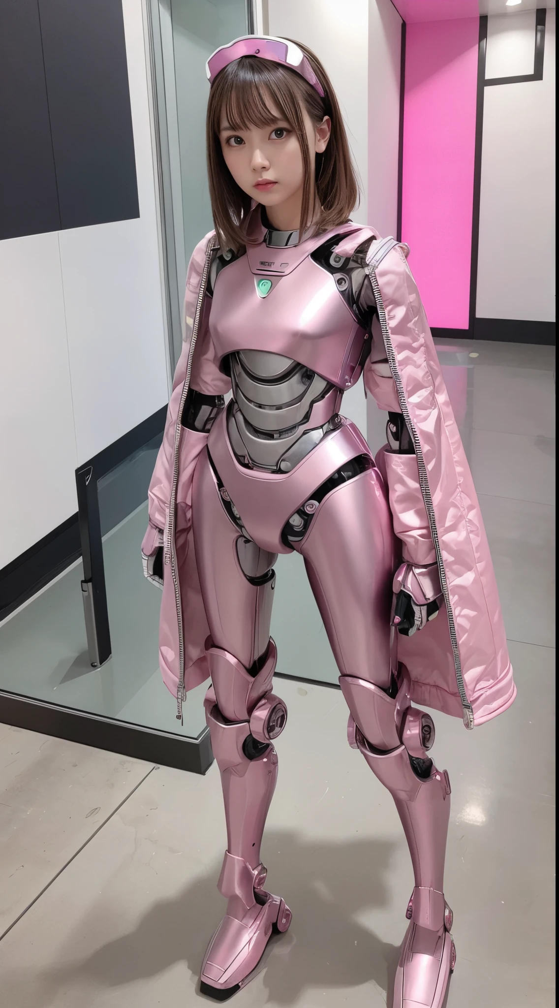 Robot Girl, pink there, Silver, Metallic body, Robot Parts, Metal Parts, Super Detailed Face, Super well-formed face, of the highest quality, a small face, a small head, Brown hair, Slender body, Camera gaze, Internal Mechanical Exposure, Idol, front facing, Well-proportioned body, sale, exhibition, Event Hall, Moe Pose, sleeve less pink metallic JK suit Machine Armor, Standing with legs open, Model body type, sad, Embarrassing,(Perfect Robot Girl),(Perfect machine body)