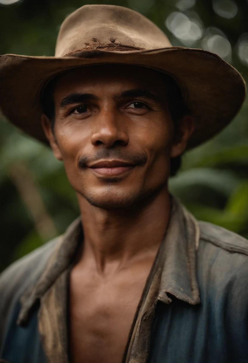 A high resolution image of a worn and worn Brazilian northeastern hat, with creases and imperfections that tell the story of his adventures and character, creating a visually authentic and nostalgic image.