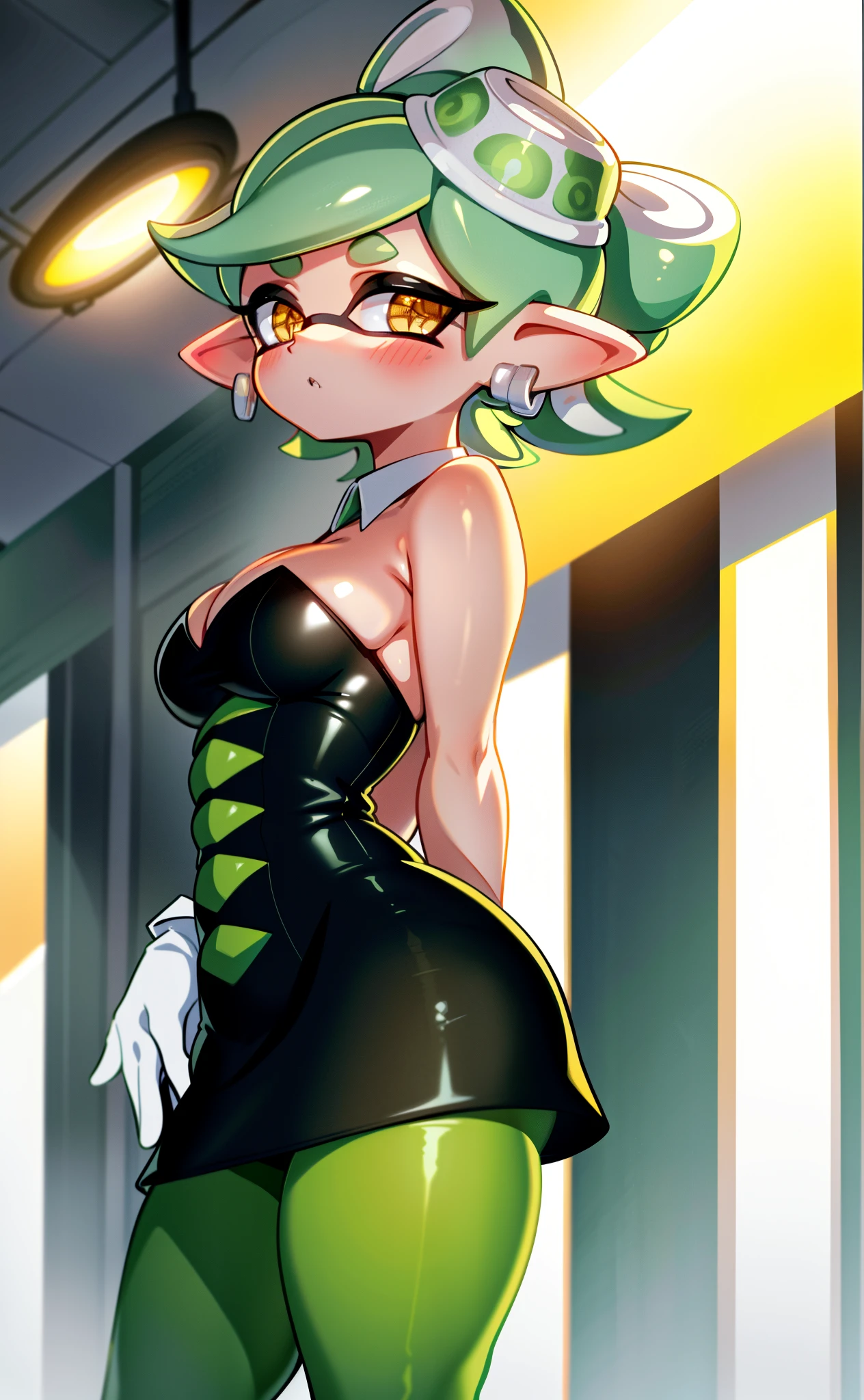 [marie], [splatoon], ((masterpiece)), ((HD)), ((beautiful render art)), ((solo portrait)), ((waist up)), ((front view)), ((cinematic lighting)), ((anime)), ((detailed shading)), ((intricate details)), {(slim figure), (cute orange eyes), long eyelashes, (white tentacle hair green highlights), (hair bang), (medium boobs), (gorgeous wide hips), (thick thighs), (beautiful legs), (blushing), (expressionless)}, {(short black dress), (green leggings), (opaque pantyhose), (white gloves)}, {(standing), (looking at viewer)}, [Background; (city), (town square), (blue sky), (sun rays), (ambient lighting)]