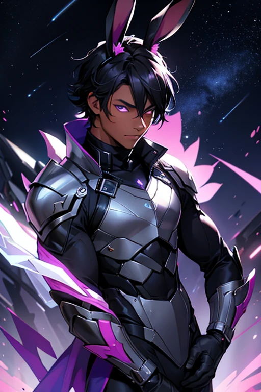 Dark Skin man With Purple Eyes, Black Hair, 4k Image, Close Up, Abs, Hot, Bunny Suit Armor Outfit, Wearing Bunny Ears, Ethereal, Starry City Background