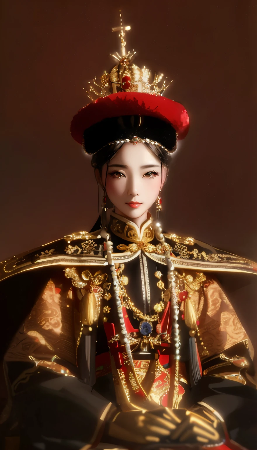 (tmasterpiece:1.2, Best quality at best), actual, (Real pictures, Complicated details, depth of fields), tmasterpiece, Best quality at best, Close-up of woman wearing crown and skirt, chinese empress, palace，Qing dynasty, TRADITIONAL CHINESE COSTUMES, portrait of a young empress