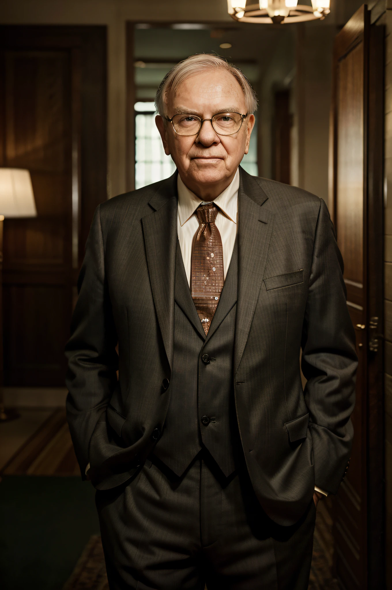 Warren Buffet, wearing a suit, beautiful lighting, best quality, realistic, full-length portrait, realistic image, intricate details, depth of field. highly detailed