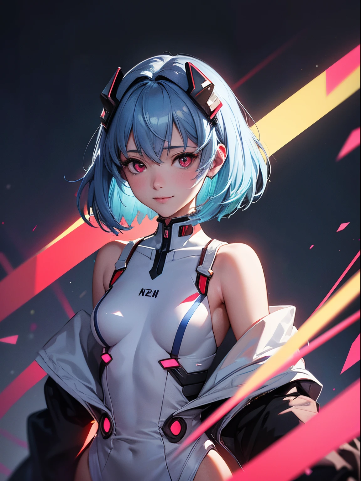 Masterpiece portrait of a smiling Rei Ayanami (Evangelion), Evangelion (Hideaki), Caustics, High resolution illustration,years, Red Eyes, Feminine, no pupils, Blue hair,  Short hair, Very small breasts,Japan school uniform, lowfers, swpunk, Synth Wave, Paint splatters, shaded flat illustration, Digital Art, Trending on ArtStation, Highly detailed, Fine detail, Convoluted, Splatter, Outrun, Vaporware, neon color