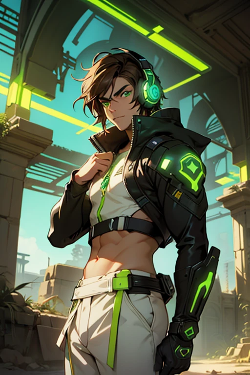 Persian age Man, Brown Hair, Wearing Shiny Headphones, Futuristic Outfit, Soft Face, Ethereal, Fierce Look, Glowing Green Eyes, Beautiful Desert Ruins Background,Anime Style