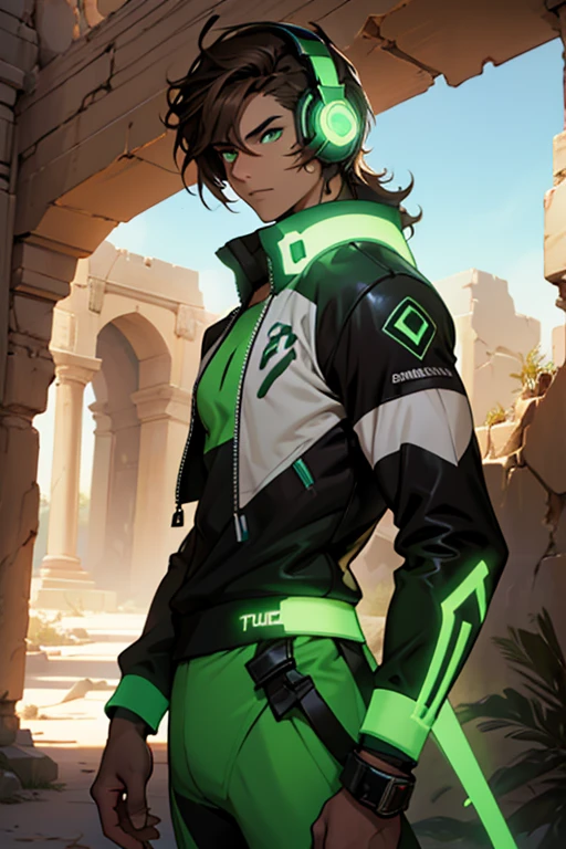 Persian Teenage Man, Brown Hair, Wearing Shiny Headphones, Futuristic Outfit, Soft Face, Ethereal, Fierce Look, Glowing Green Eyes, Beautiful Desert Ruins Background,Anime Style