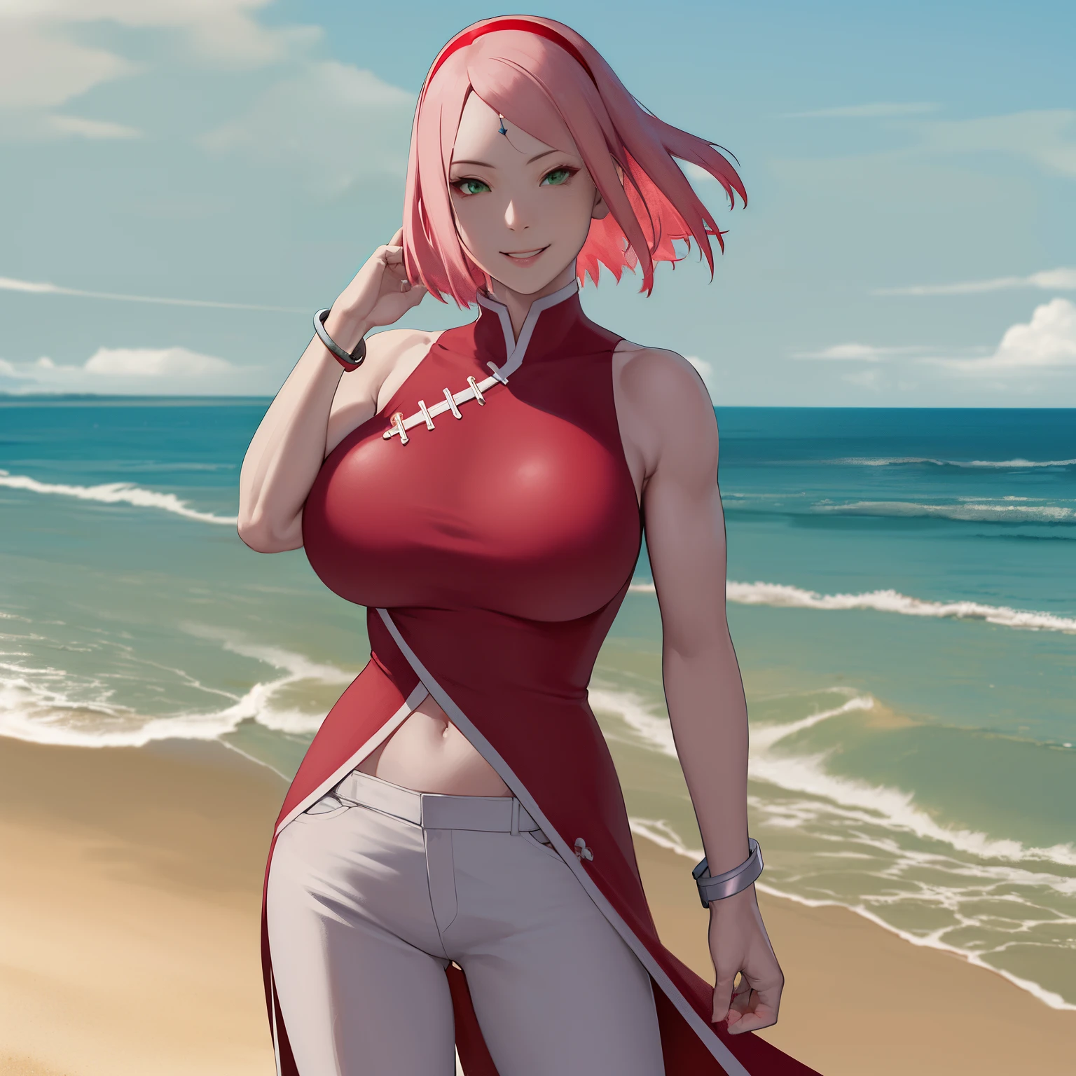 masterpiece, 1k, portrait, face shot, professional artwork, detailed beach background, intricate details, colorful, digital blending, (ultra detailed body, ultra detail hair, ultra detail face), trending on pixiv, kind smile, very hot color, best quality, anime style: 1.9, 1girl, hires, haruno sakura, contrasty lighting, (forehead mark, milf, red hairband, pale skin, short hair, ((red sleeveless dress), white pants), navel, groin, bracelet, looking at viewer, crossed arms, pink hair, green eyes, ((huge breast), smile, beach, wind, floating hair, detailed arms, off-shoulders, slightly muscular arms, standing), sunnyday