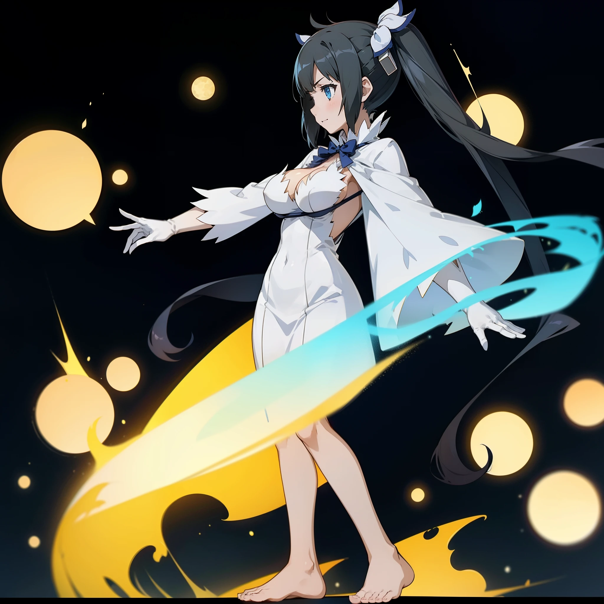 Hestia, big tits, solo, solo focus, 1girl, ufotable screen cap, fgo sprite, full body, standing, black background, simple background, looking afar,