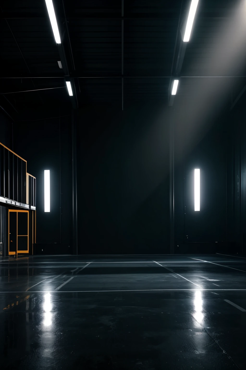 black setting, with a black floor, but there are lights illuminating the environment, there is no type of object in the environment, the place looks like a warehouse, ready to record a pop music video, background, complete, scenery, photo shoot.
