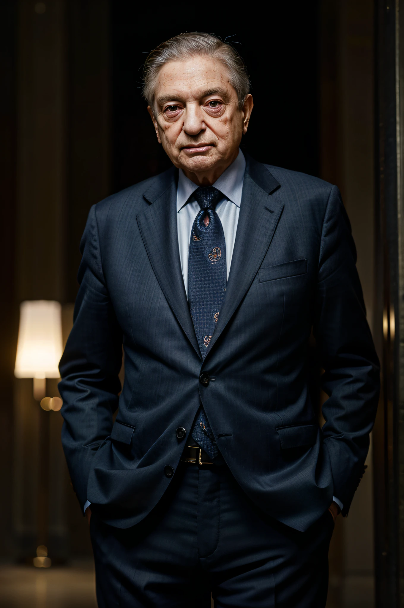 George Soros, wearing a suit, beautiful lighting, best quality, realistic, full-length portrait, realistic image, intricate details, depth of field. highly detailed