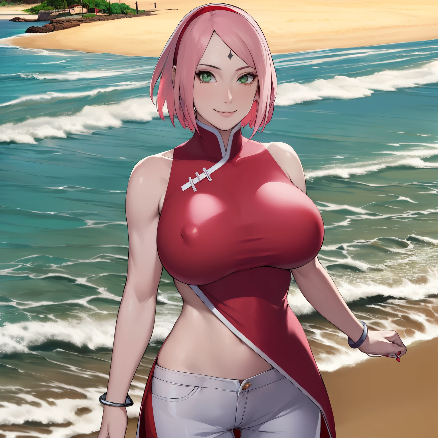 masterpiece, 1k, portrait, face shot, professional artwork, detailed beach background, intricate details, colorful, digital blending, (ultra detailed body, ultra detail hair, ultra detail face), trending on pixiv, kind smile, very hot color, best quality, anime style: 1.9, 1girl, hires, haruno sakura, contrasty lighting, (forehead mark, milf, red hairband, pale skin, short hair, ((red sleeveless dress), white pants), navel, groin, bracelet, looking at viewer, crossed arms, pink hair, green eyes, ((huge breast), smile, beach, wind, floating hair, detailed arms, off-shoulders, slightly muscular arms, standing), sunnyday