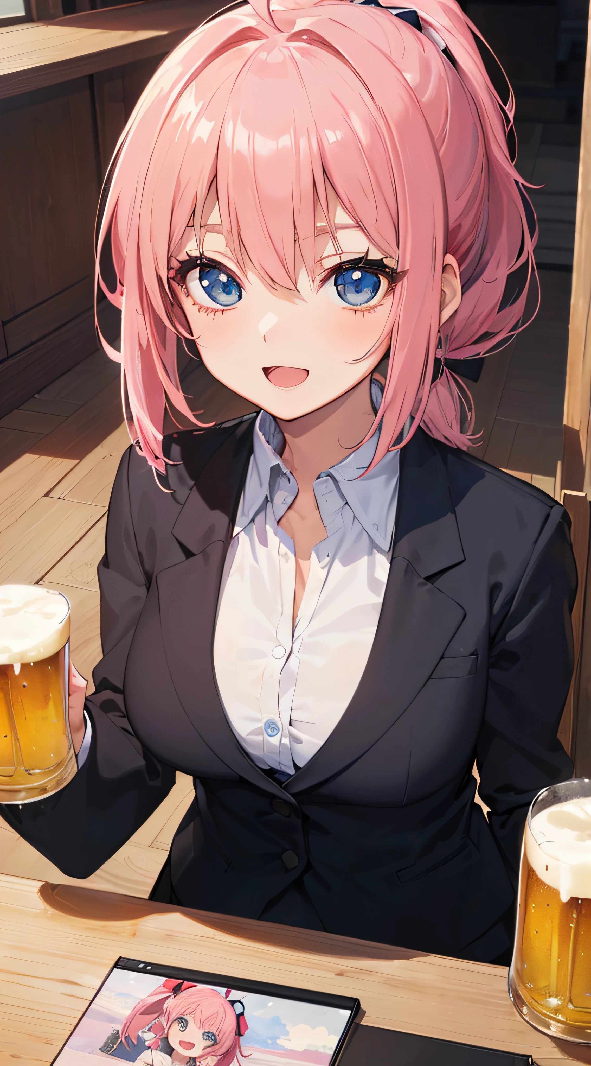 ((Ultra-detailed)), (top-quality),((masutepiece)), ((Super exciting)), ((8K)),((1440p)), ((extremely clear)), ((Very sophisticated)), ((Anime Graphics)) ((Anime quality)), ((Natural lighting)),((bright skin)), ((Anime Illustration)),(。.3D),((Upper body portrait)), ((Solo)), ((japanaese girl)), ((a baby face)), ((Pink hair)), ((Short ponytail)), (Large Hair Ribbon), ((Ahoge)), ((drooping eyes)), ((Blue eyes)), ((anime quality eyes)), ((long eyelashes)), ((Thin eyebrows)), ((Beautiful breasts)), ((Detailed face description)), (Business Suit:1.6), (Beer mug:1.2), White socks, (Izakaya), get drunk, Flush cheeks, Smile, Open mouth , Look at viewers, Sit on a cushion, wood floor, High angle, close up, Bare chest,