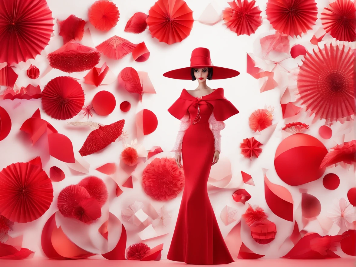 Wearing a red dress、With a hat on、Araf woman wearing big white fan, Surrealist sculptures inspired by Ray Caesar, CG Social Trends, concept-art, Avant-garde fashion model, Asian woman made from origami, red clothes and hat, Red dress and magic witch hat, Rei Kawakubo's artwork, Thierry Muller, Photography Alexey Gurylev