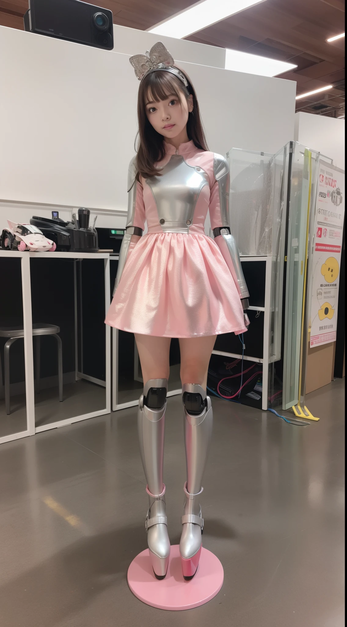 Robot Girl, pink there, Silver, Metallic body, Robot Parts, Metal Parts, Super Detailed Face, Super well-formed face, of the highest quality, a small face, a small head, Brown hair, Slender body, Camera gaze, Internal Mechanical Exposure, Idol, front facing, Well-proportioned body, sale, exhibition, Event Hall, Moe Pose, no sleeve pink metallic Princess Dress Machine Armor, Standing with legs open, Model body type, sad, Embarrassing,(Perfect Robot Girl),(Perfect machine body)
