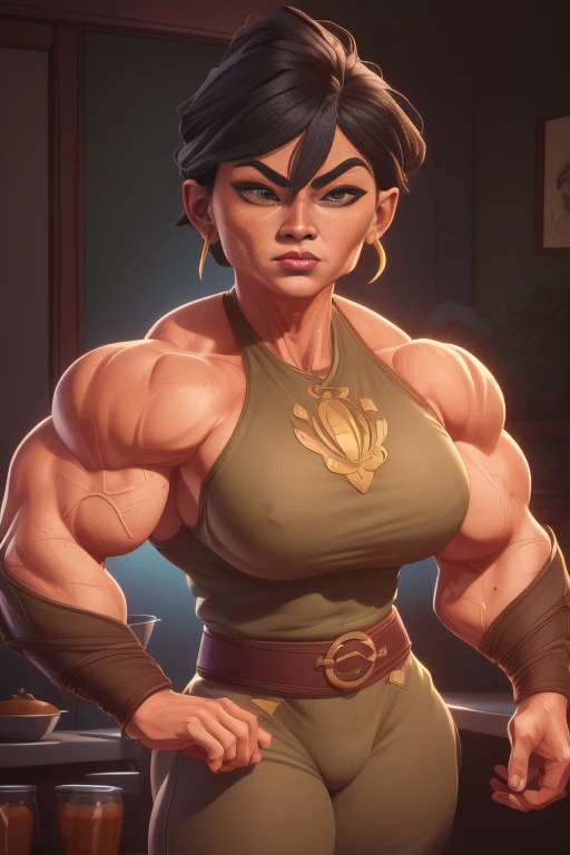 pixarstyle a waist-length portrait of a mature chinese muscle woman in a bronz superhero outfit, kitchen, natural skin texture, 4k textures, hdr, intricate, highly detailed, sharp focus, cinematic look, hyperdetailed, muscle woman, big muscles, huge muscles, massive muscles, mature woman