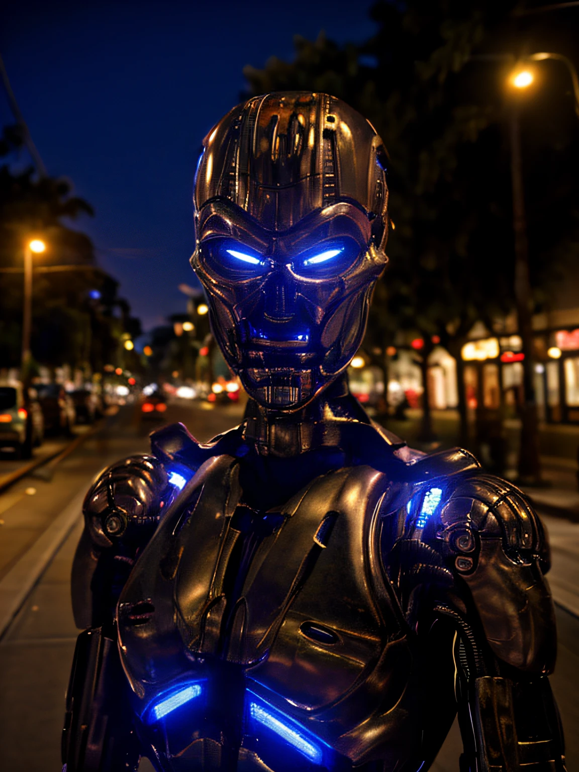 realistic, TX endoskeleton in los angeles street, night time, realistic lighting, atmospheric, (TX Endoskeleton:1.2), detailed TX endoskeleton, ultrarealistic TXendo, (deep focus), (sharp details), (very high quality), (ultra HD), (8K:1.0)