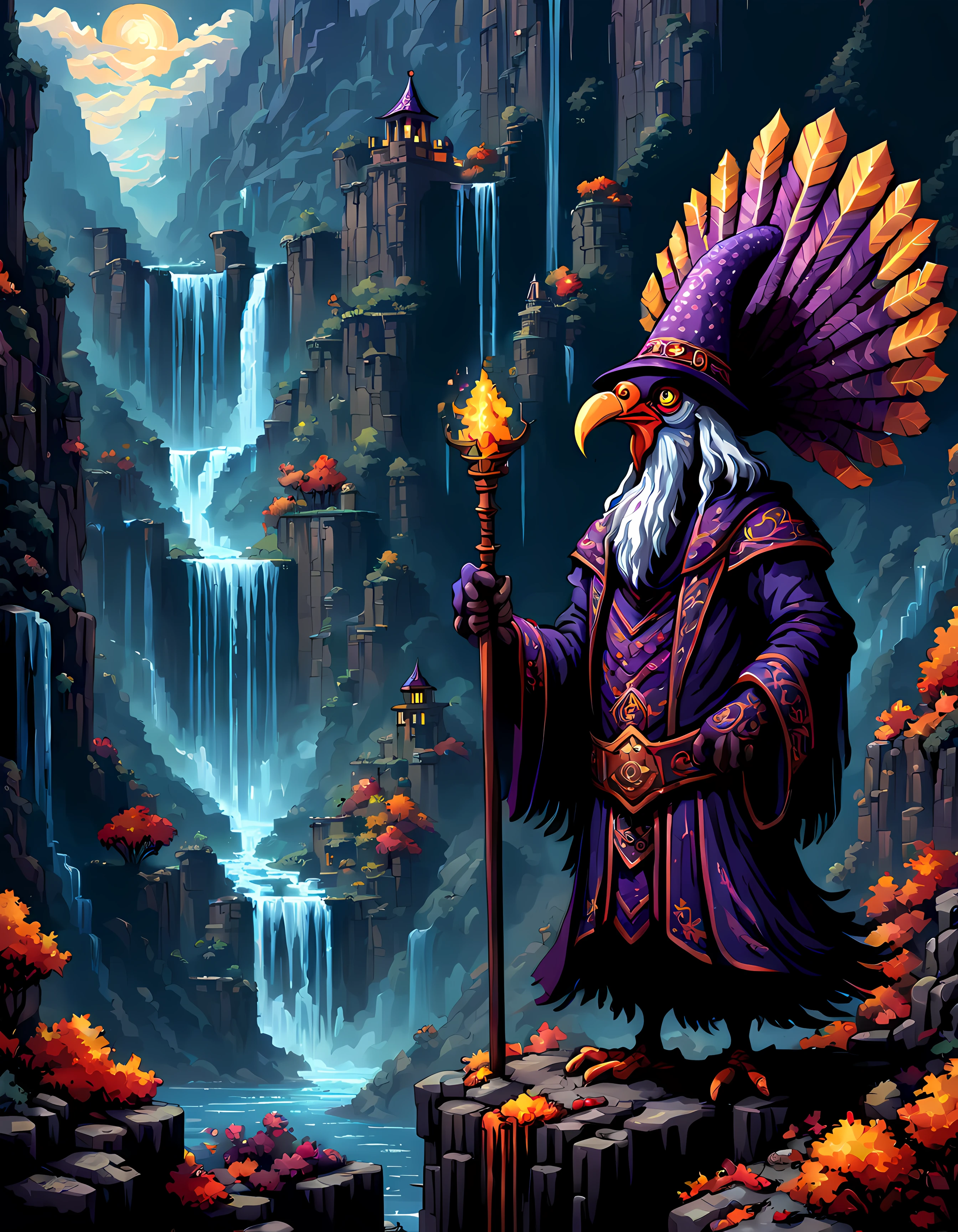 (pixel art:1.3), (solo:1.3), a mesmerizing fantasy scene where an ((anthropomorphic turkey dark wizard)) sinister and captivating, wearing legendary robe adorned with intricate magical symbols, mystical landscape featuring majestic mountains, cascading waterfalls, ancient ruins, surround the turkey with ((swirling ominous magical energies emanating from its staff))