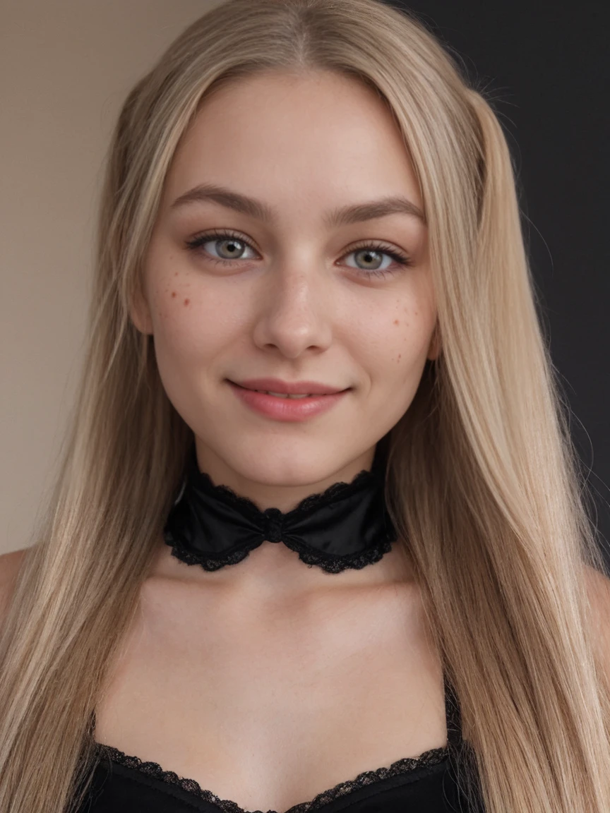 blonde 19 year old woman up close selfie, black string silky bra,  blue eyes, smiling eyes, smiling cheeks, dimples, smiling eyebrows, smiling eyelashes Hypertrichosis of the eyebrows, wide sly duckface, super thick eyelashes, super long eyelashes, hair-extensions, looking directly at camera, indoor background, straightened hair, half pony tail, black choker