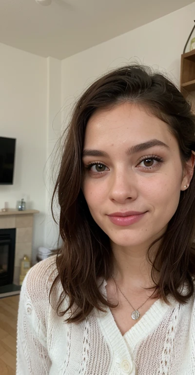 ((best quality)), Foto realista, mulher bonita, idade 29 anos, rosto delicado, olhos castanhos, cabelo longo castanho, wearing a white sweater, s4HD, the environment is a living room, meio sorriso, olhar delicado, rosto inocente
((master part)),, rosto perfeito