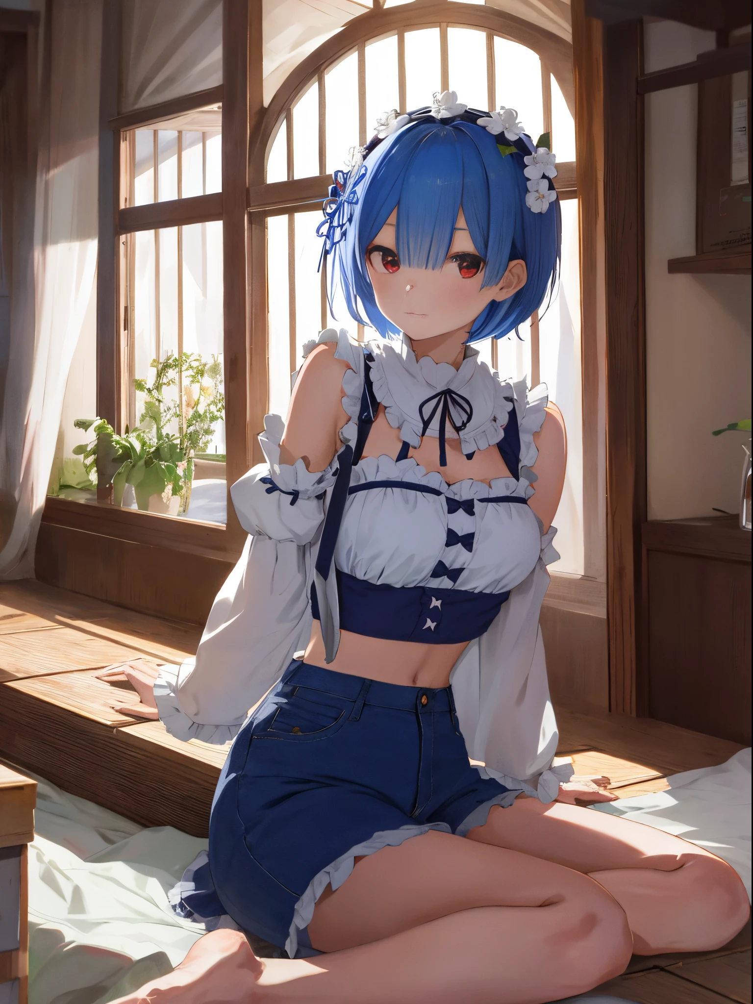 masutepiece, Best Quality, hight resolution, ram1, 1girl in, Solo, Remu \(Re:Staynight\), Blue hair, Short hair, Red Eyes, Hair over one eye, Ribbon trim, Hair Ribbon, X Hair Ornament, frilld, Crop Top White, Denim shorts,medium breasts, cleavage, Wide sleeves, Hair Flower, Indoors, Sitting, crossed legs,