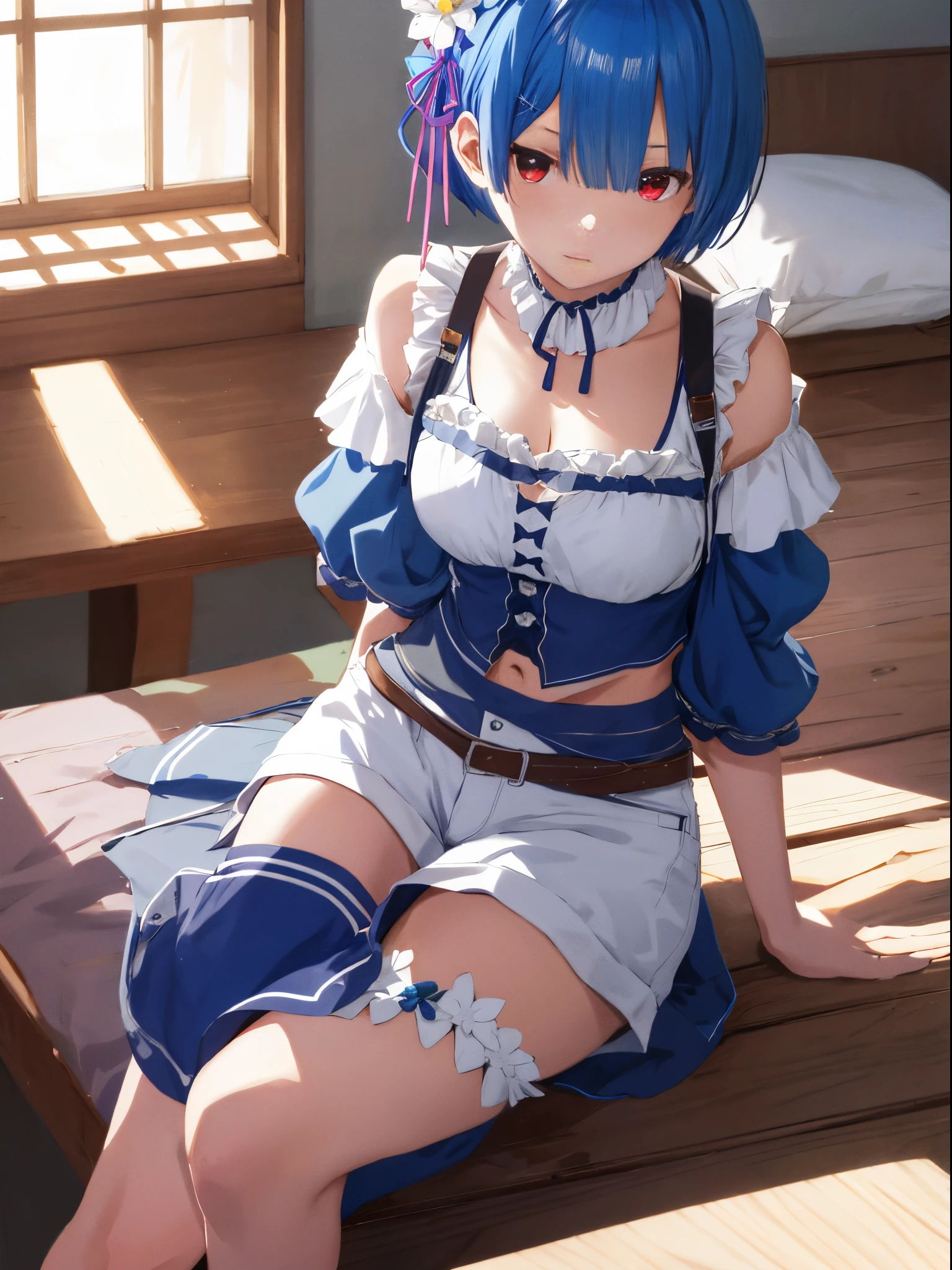 beautiful detailed girls, highly detailed eyes and faces, Beautiful detailed eyes, Ridiculous, Unbelievably ridiculous, huge filesize, ultra detaild, highly resolution, intensely detailed, HighestQuali, 巨作, ((Japanese girls' high school uniform)), illutst, intensely detailed, tk-char, unification, 8k壁紙, splendid, finelydetail, 巨作, HighestQuali, Highly detailed ticker uniform 8K wallpaper, Light on the face、Movie lighting、16yo girl、((without panties))、((dinamic pose)))、(camelstoe)、(half)、(panthyhose)、(Sitting on legs bending the knees)),light-blue hair、shorth hair、Blue Eye、Remu(re:Zero)
