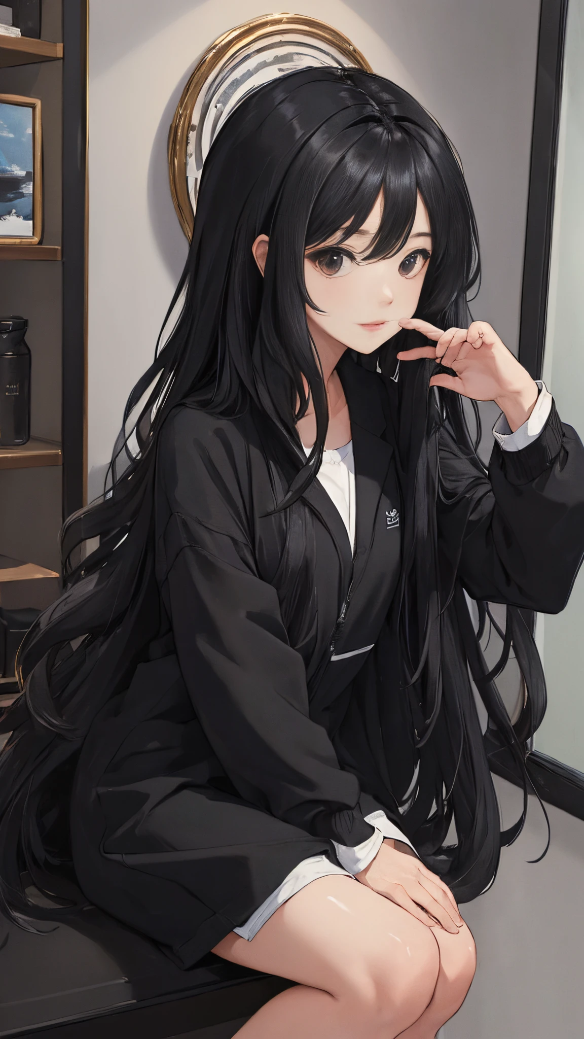 (masterpiece, best quality:1.4), looking at viewer,
(wavy hair:0.8), long hair, black hair, black theme,
