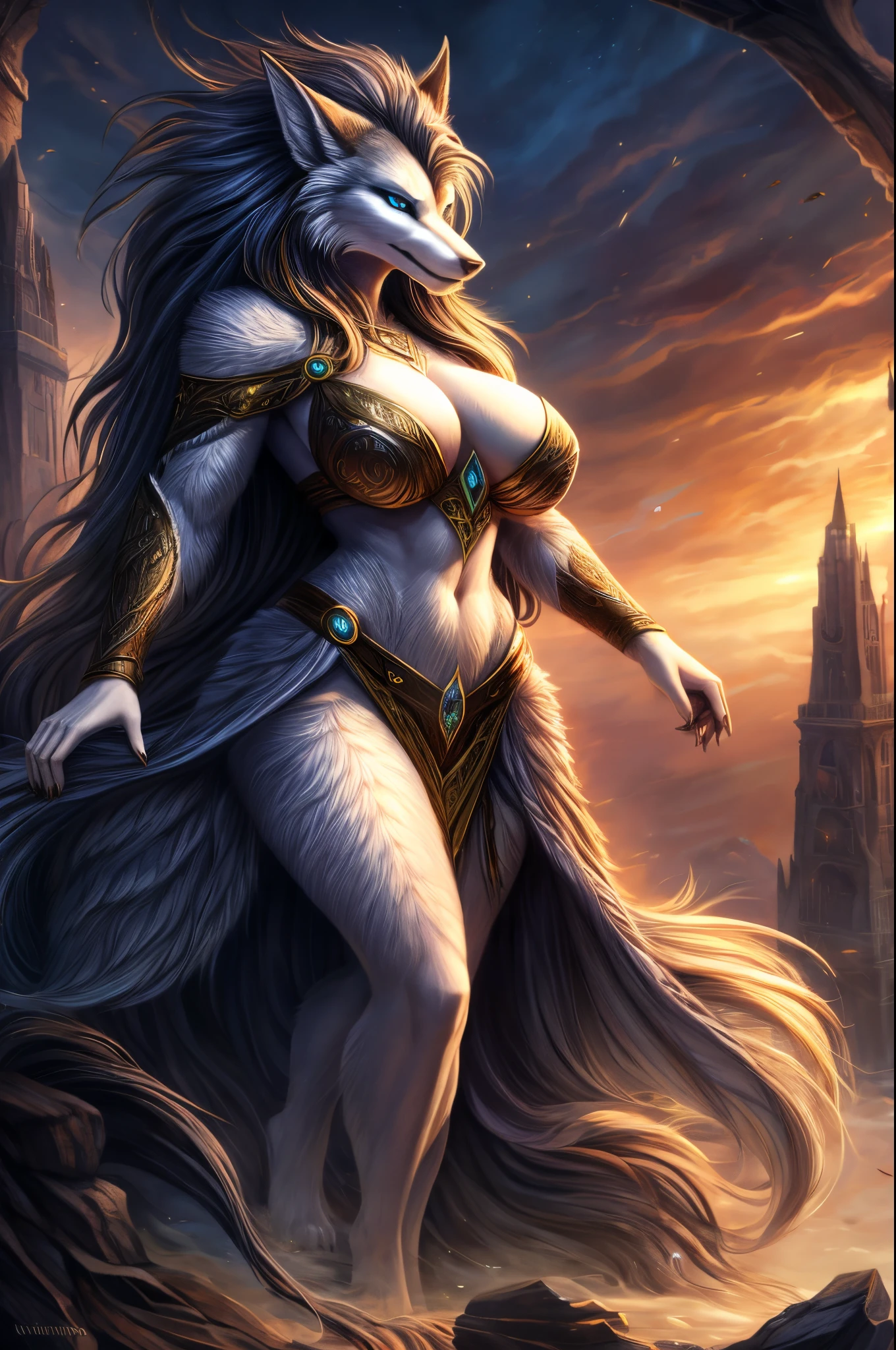 anthropomorphic Fenrir, full body, female, large breasts, wide hips, sexy, striking pose, seductive gaze, fantasy art style, best quality, highres, alluring curves, intense eyes, flowing mane, detailed fur texture, captivating presence,