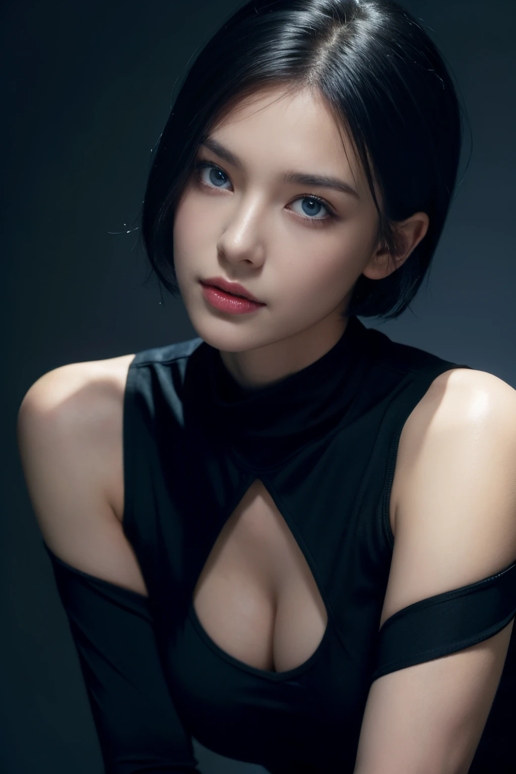 ultra high res, masterpiece, best quality, perfect glossy shiny skins, black sweater, looking at viewer, off shoulder, ((huge breasts;1.5)), Exposed cleavage, blue Eyes, sharp face, sharp eyes, ((Dark background)), open mouse,  short cut,