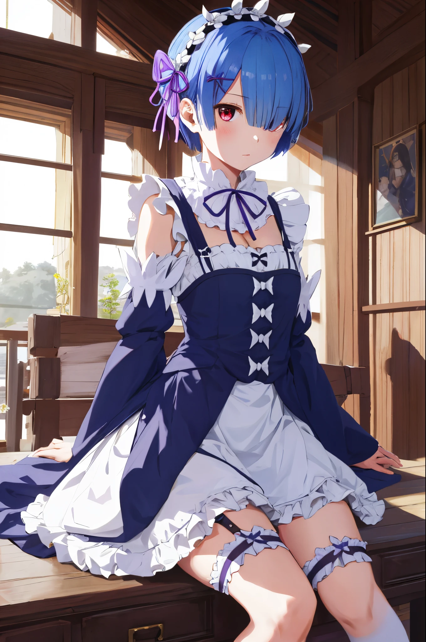 masutepiece, Best Quality, hight resolution, ram1, 1girl in, Solo, Remu \(Re:Staynight\), Blue hair, white thighhig, Short hair, Red Eyes, Hair over one eye, Ribbon trim, Hair Ribbon, X Hair Ornament, frilld, Maid headdress, Waist apron, garter strap, a black ribbon, medium breasts, cleavage, Long sleeves, White Apron, Neck ribbon, Purple Ribbon, Wide sleeves, Hair Flower, Indoors, Sitting, crossed legs,