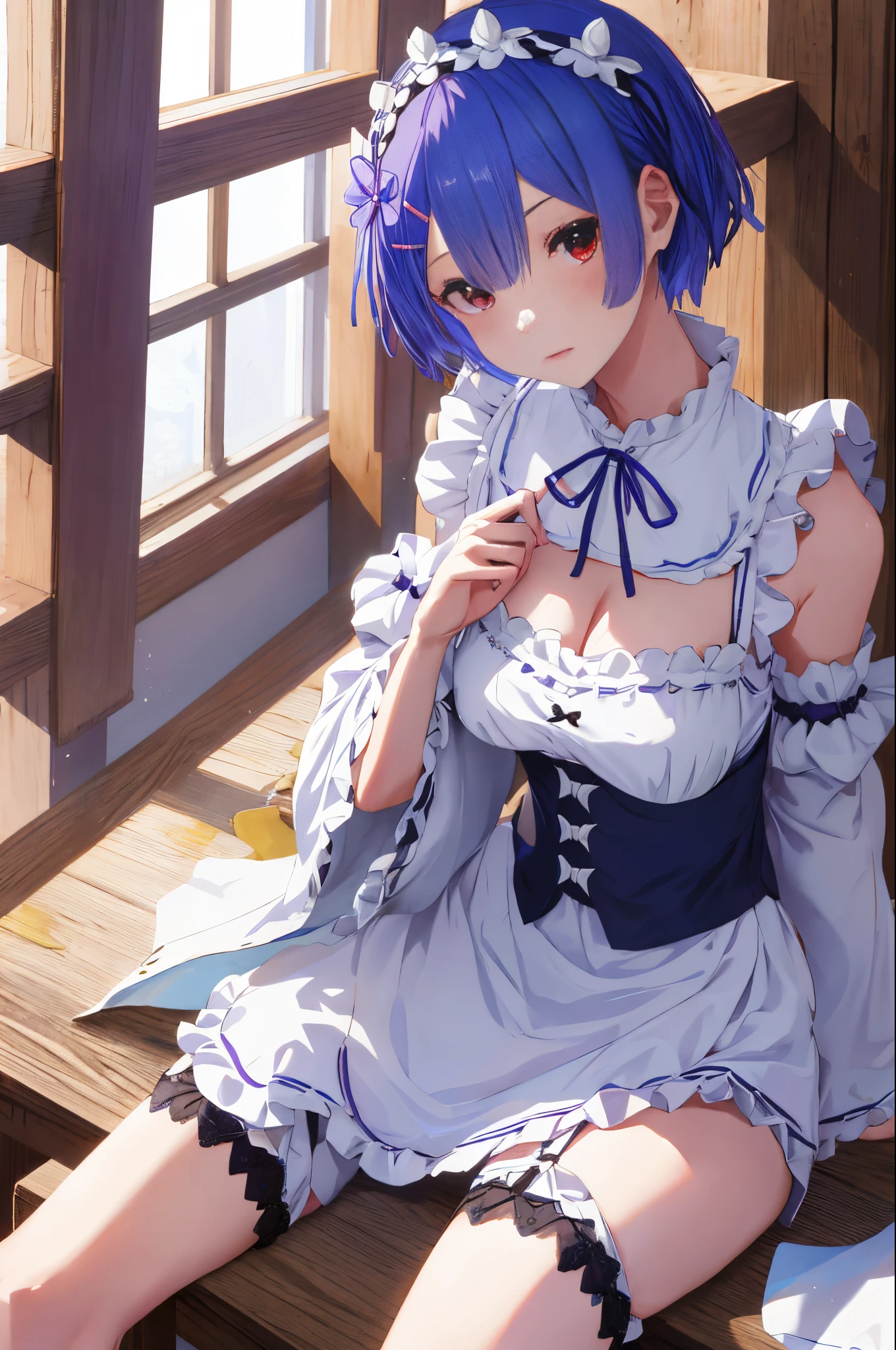 masutepiece, Best Quality, hight resolution, ram1, 1girl in, Solo, Remu \(Re:Staynight\), Blue hair, white thighhig, Short hair, Red Eyes, Hair over one eye, Ribbon trim, Hair Ribbon, X Hair Ornament, frilld, Maid headdress, Waist apron, garter strap, a black ribbon, medium breasts, cleavage, Long sleeves, White Apron, Neck ribbon, Purple Ribbon, Wide sleeves, Hair Flower, Indoors, Sitting, crossed legs,