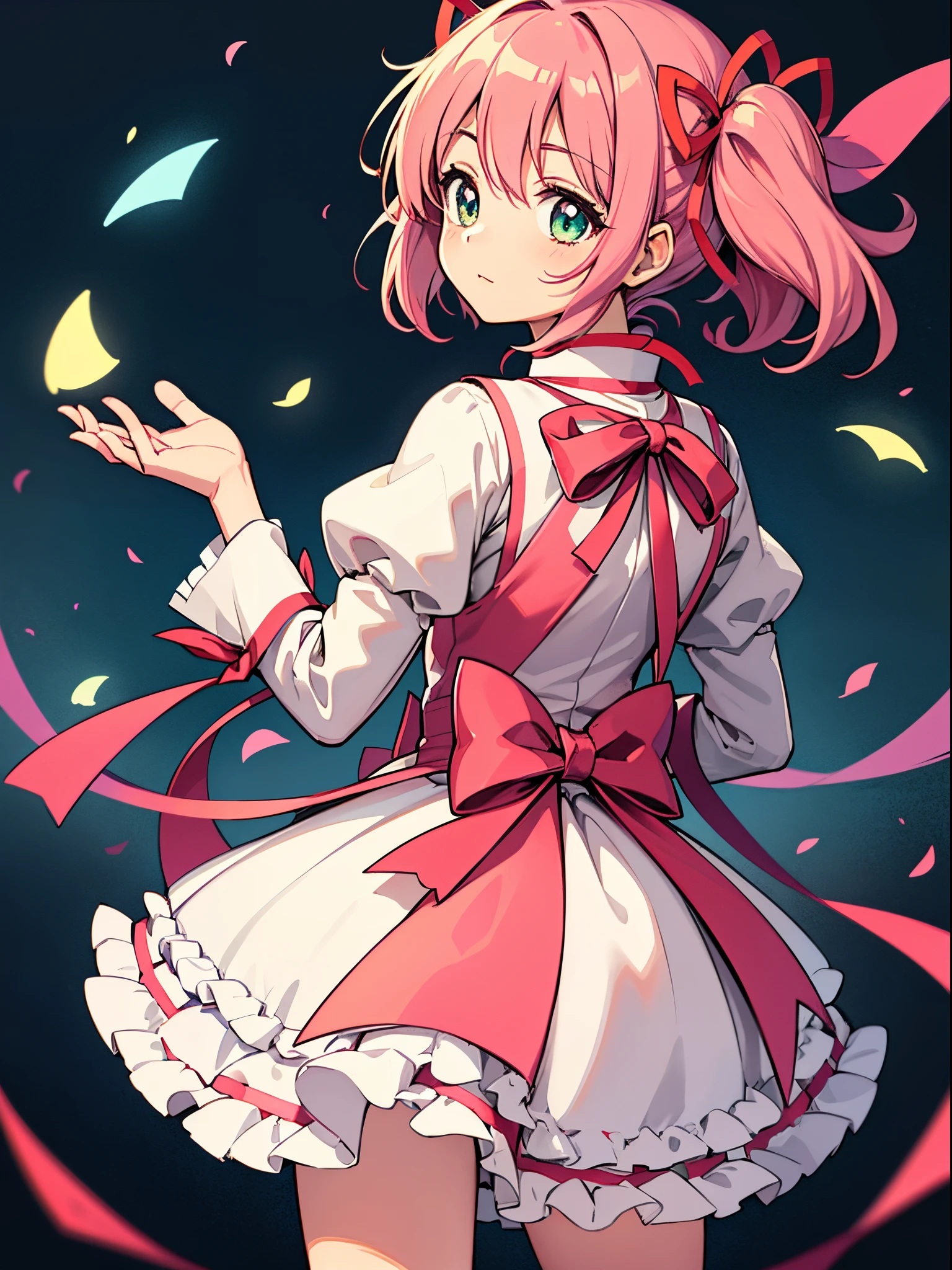 Puella Magi Madoka Magica　　Madoka Shikame　A pink-haired　bright pink color　short-hair 　big red ribbon　The ribbon is tied at the back、校服　magical little girl　Eye color is green