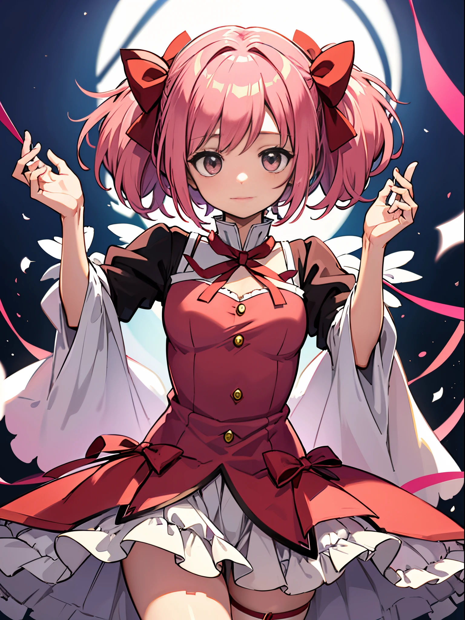Puella Magi Madoka Magica Madoka Shikame A pink-haired bright pink color short-hair big red ribbon The ribbon is tied at the back、校服 magical girl Eye color is green