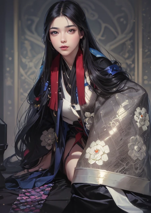 (((Obra maestra), (fondo de pantalla CG 8k extremadamente detallado, The best quality, Only, 1girl, cinematography lighting, Antecedentes detallados, hermosos ojos detallados, pupilas brillantes, (un extremadamente delicado y hermoso), (Description of Eyes beautiful and detailed), Ultra detallado, Obra maestra,))), una pintura del personaje de la historia Murasaki no ue genji, dama de la era heian, Japan, Ancient Japan, Ancient Japan, Noble Dama, vestida con un kimono rojo en capas, junihitoe, mirada penetrante, Obra maestra, La mejor calidad, medio cuerpo, retrato, 1 girl, anime, Japan, semi-realista, mujer joven, sonriente, cara bonita, Beautiful, Color, genji monogatari, cabello ?????, cabello extremadamente largo, Cabello largo, cabello lacio, ojos azules, ojos almendrados, symmetrical and bright eyes, small-nose, labios regordetes, labios carnosos, labios rosados, face symmetrical, cara ovalada, piel clara, piel suave, cuerpo perfecto, hermoso cuerpo, cintura delgada, senos grandes, illustration, extremadamente detallado, Suave, High resolution, Calidad Ultra, ojos detallados, Boca detallada, Boca detallada, Cara detallada, Cara detallada, ojos perfectos, Ambos ojos son iguales, Luz real, resplandeciente, Iridiscente, global ilumination, Movimiento real del cabello, Luz real, Sombra real, Cara real, ojos brillantes, Luz suave, dreamy light