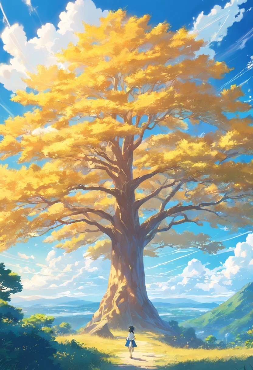 Golden tree under blue sky and white clouds