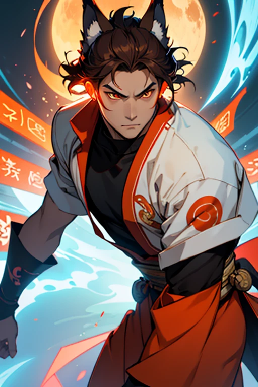 Asian Man, Brown Hair, Wearing Futuristic Fox Ears, Futuristic Outfit, Soft Face, Ethereal, Anime Style, Shinto Temple Background, Fierce Look, Glowing Orange Eyes