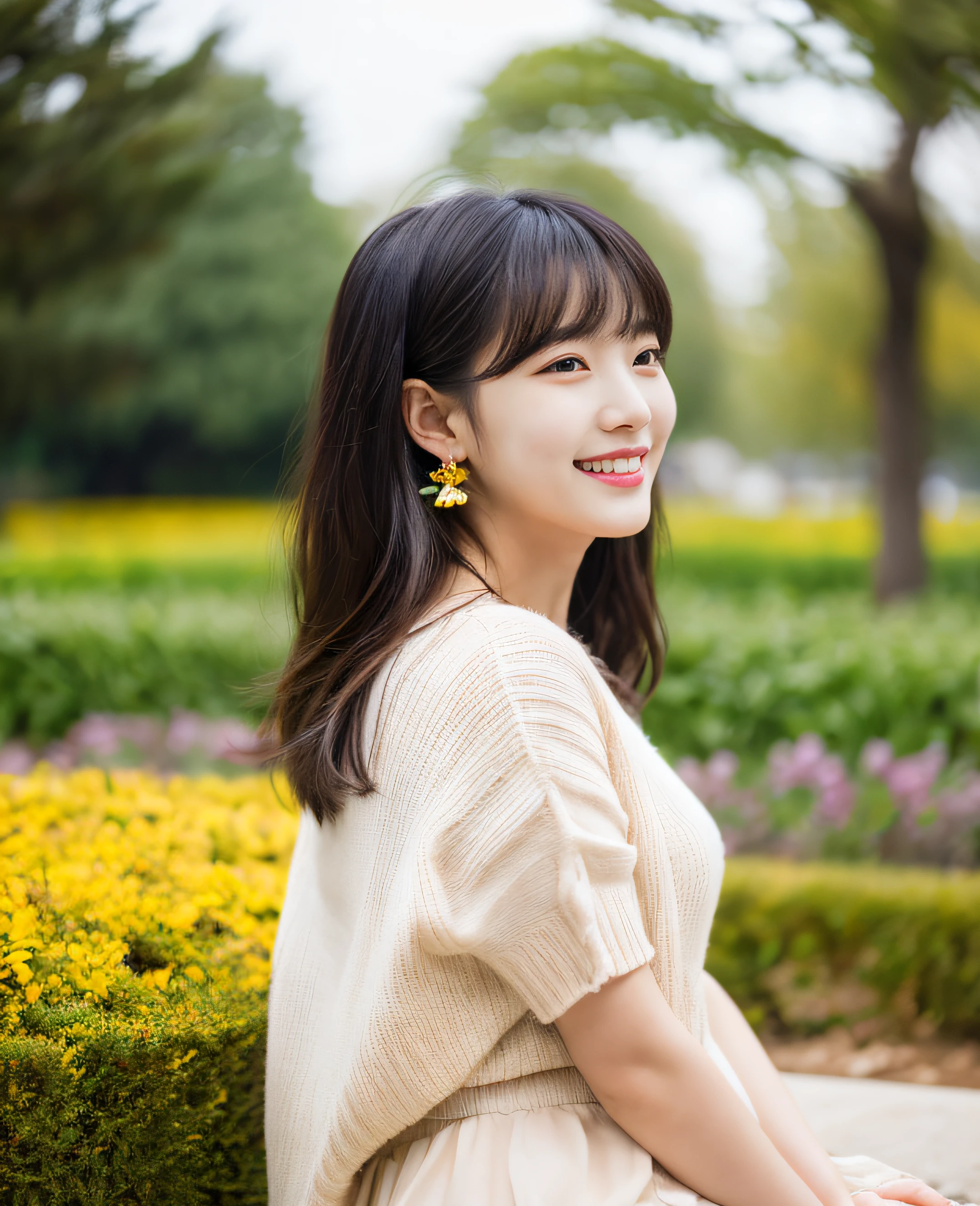 ((Masterpiece)), 8k, Masterpiece, Highest Quality, 1 Girl, Solo, Realistic, Autumn Garden, Photorealistic, Super Detailed, Detailed Background, (Solo: 1.4), Ultra High Resolution Full Body Figure, Front View , happy expression, slender figure, realistic and highly detailed hair, intricate details, masterpiece, top quality, standing, outdoor, sitting, white chair, white table, (garden with colorful flowers) , dynamic light, quiet, calm, smiling, profile, profile, looking at camera, earrings, long straight black hair, asymmetric bangs, cute baby bangs, natural chest, half hair, super high resolution background, (eye details) , (Face details), (Clothing details), (Ultra high resolution),