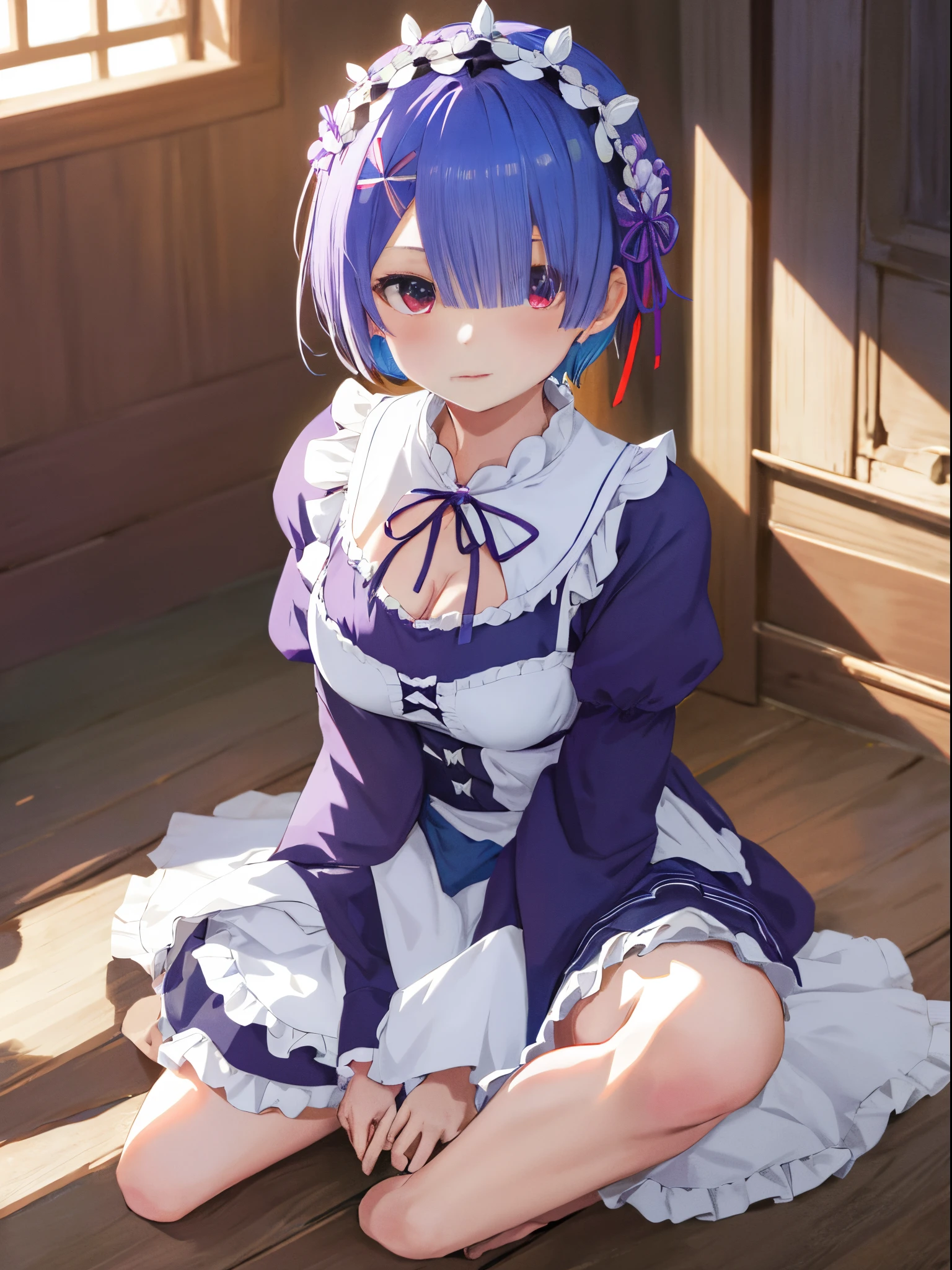 masutepiece, Best Quality, hight resolution, ram1, 1girl in, Solo, Remu \(Re:Staynight\), Blue hair, white thighhig, Short hair, Red Eyes, Hair over one eye, Ribbon trim, Hair Ribbon, X Hair Ornament, frilld, Maid headdress, Waist apron, garter strap, a black ribbon, medium breasts, cleavage, Long sleeves, White Apron, Neck ribbon, Purple Ribbon, Wide sleeves, Hair Flower, Indoors, Sitting, crossed legs,Spread your legs、Show your pants、Raise the skirt