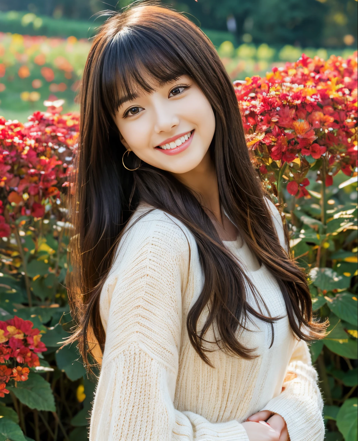 ((Masterpiece)), 8k, Masterpiece, Highest Quality, 1 Girl, Solo, Realistic, Autumn Garden, Photorealistic, Super Detailed, Detailed Background, (Solo: 1.4), Happy Expression, Slender Body, Realistic Highly detailed long hair, intricate details , masterpiece, top quality, waist shot, (colorful flower field background)), smile, ((looking at camera)), earrings, long straight black hair, asymmetrical bangs, natural chest,