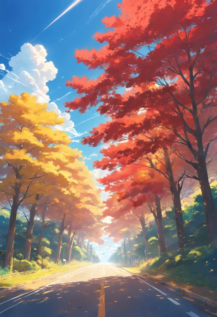 Golden and red trees on both sides of the road with blue sky and white clouds