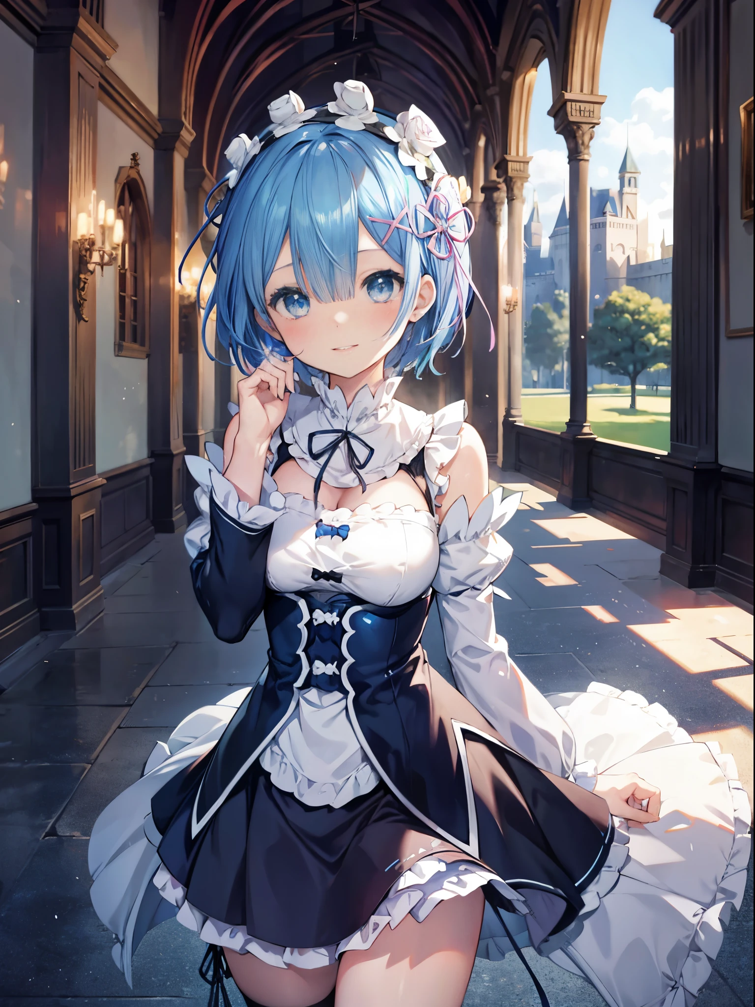 blue hair, rem \(re:zero\), [smile], blush, castle,, masterpiece, best quality, perfect lighting, 1girl, skirt, medium breasts,