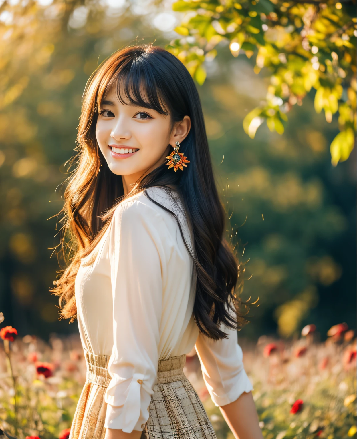 ((Masterpiece)), 8k, Masterpiece, Best Quality, 1 Girl, Solo, Realistic, Autumn Garden, Photorealistic, Super Detailed, Detailed Background, (Solo: 1.4), Wearing Colorful Dresses, Happy Facial expression, slender body, realistic highly detailed long hair, intricate details, masterpiece, highest quality, waist shot, ((colorful flower field background)), smile, ((looking at camera)), earrings, black long-hair, asymmetrical bangs , natural breasts,