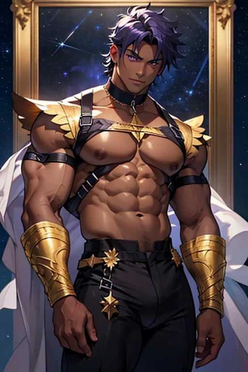Dark Skin Man, Purple Eyes, Huge Pecs, Showing Pecs, Wide Hips, Skinny Waist, Abs, Hot, Crystal Harness Outfit, Golden Laurel Wreath, Starry Night Background