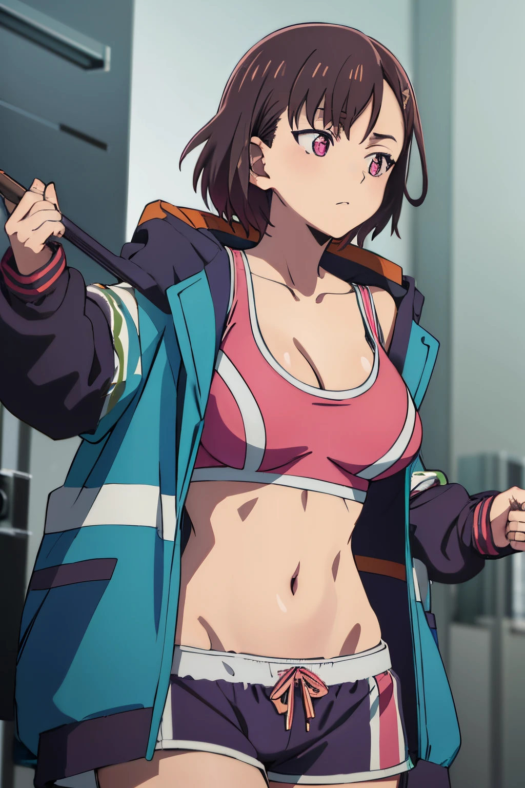 Masutepiece, Best quality, high resolution, ultra high resolution, Depth of fields, short hair, brown hair, pink eyes, Hair pin, long sleeves, cleavage, big tits, collarbone, jacket, Jacket off, Jacket open, blue jacket, pink sports bra, with light gray lines, pink sports shorts, with gray lines, black tights, medium waist, medium hips, wide thighs