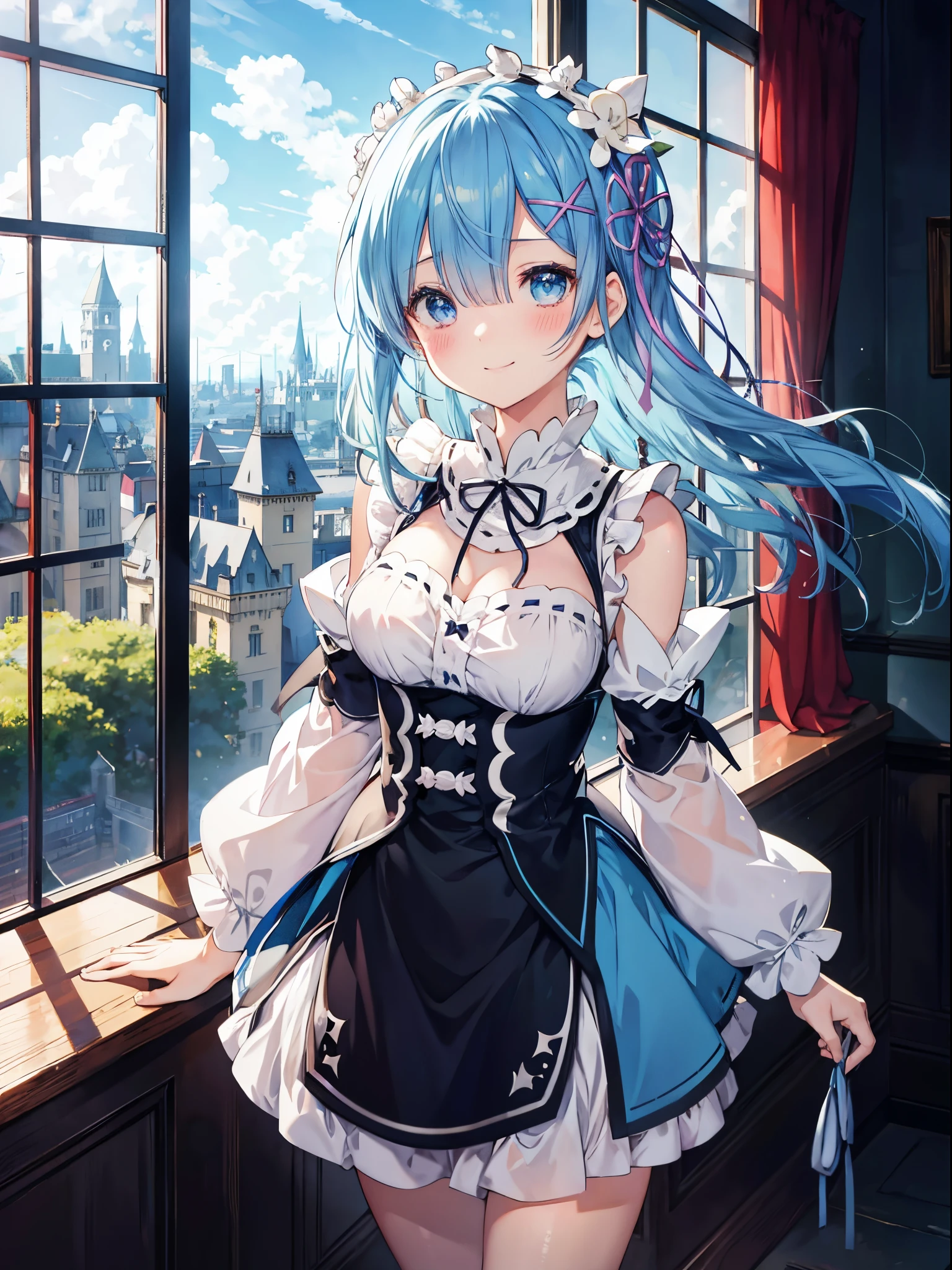blue hair, rem \(re:zero\), [smile], blush, castle,, masterpiece, best quality, perfect lighting, 1girl, skirt, medium breasts,