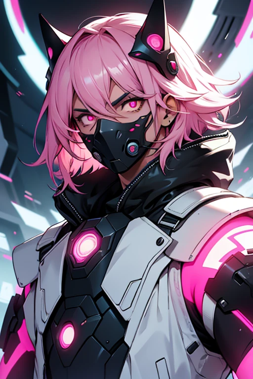 Latino Man, Pale Pink Hair, Wearing Black Futuristic Mask, Futuristic Outfit, Soft Face, Ethereal, Anime Style, Fierce Look, Glowing Pink Eyes